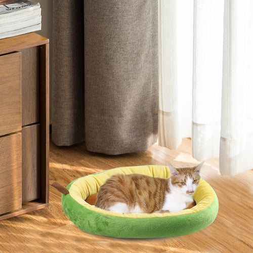 Avocado-shaped plush pet bed for cats and small dogs