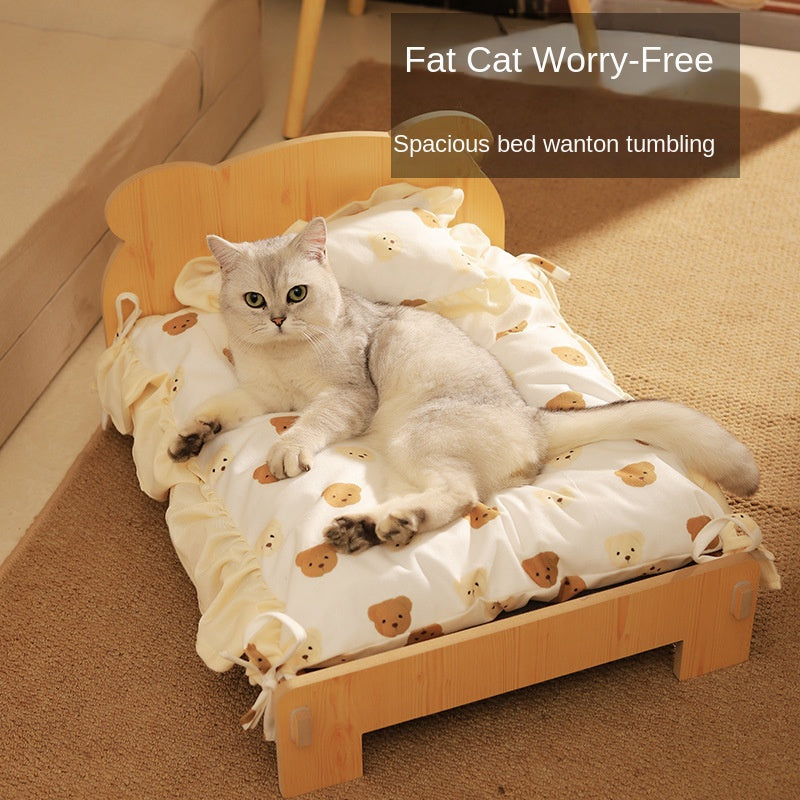 Wooden cat bed with bedding set